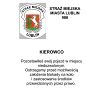 Logo Straży Miejskiej. Napis: Kierowco, zostawiłeś swój pojazd w miejscu niedozwolonym. Ostrzegamy przed możliwością założenia blokady na koło i zastosowania środków przewidzianych przez prawo.